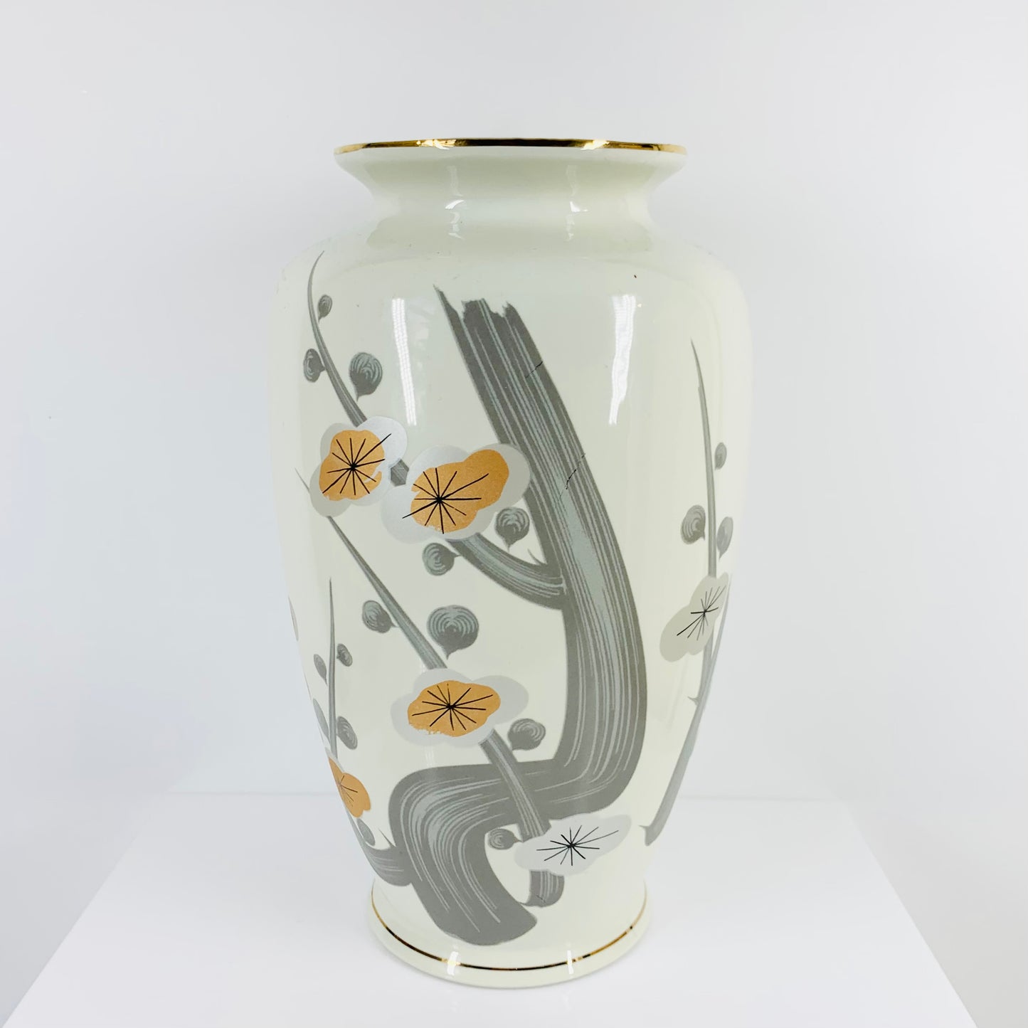 Vintage Japanese hand painted pottery vase with gold rim