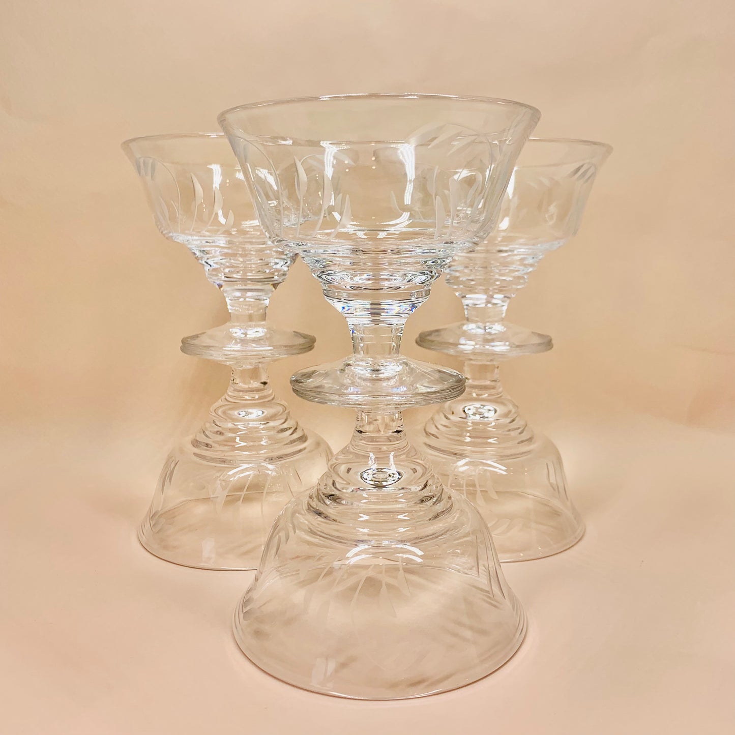 Vintage Stuart cut crystal champagne coupe with etched floral pattern