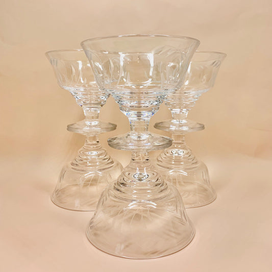 Vintage Stuart cut crystal champagne coupe with etched floral pattern