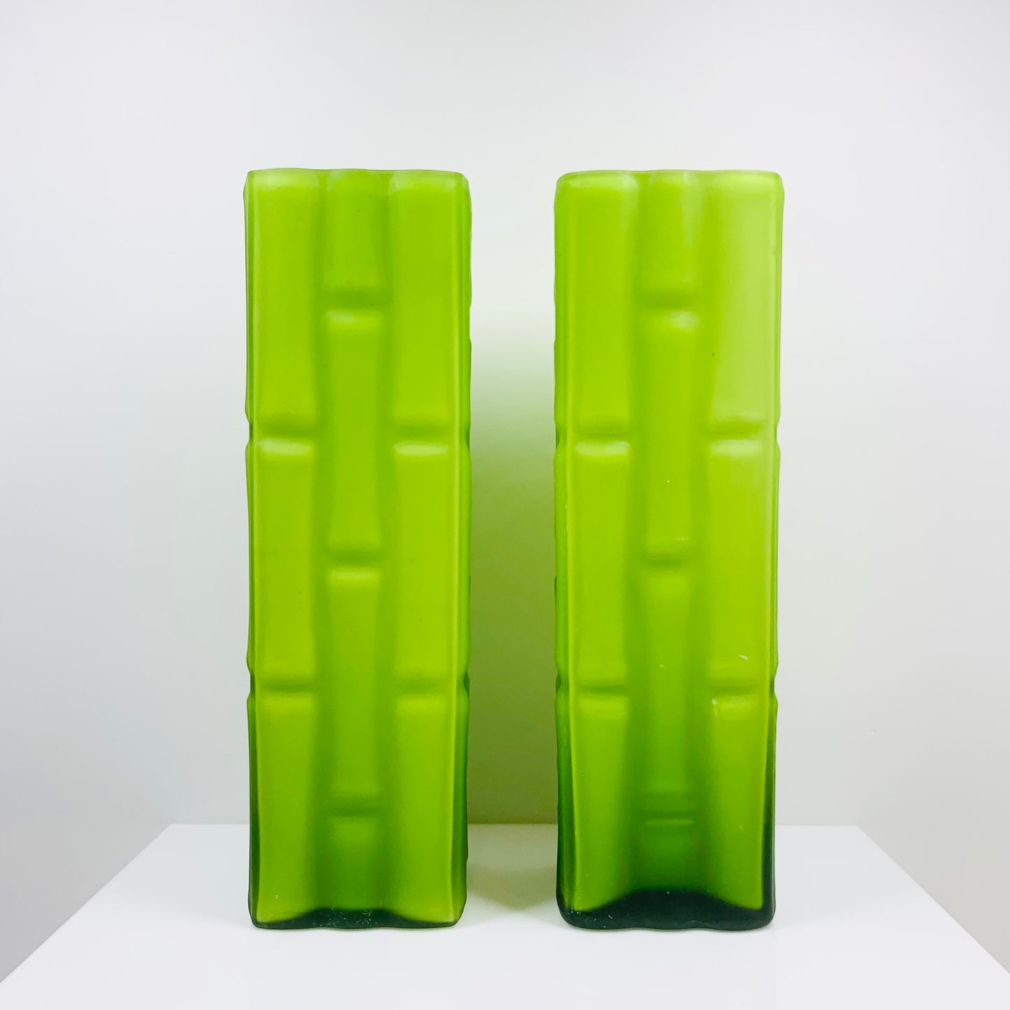 Extremely rare MCM Japanese cased lime green satin bamboo glass vase