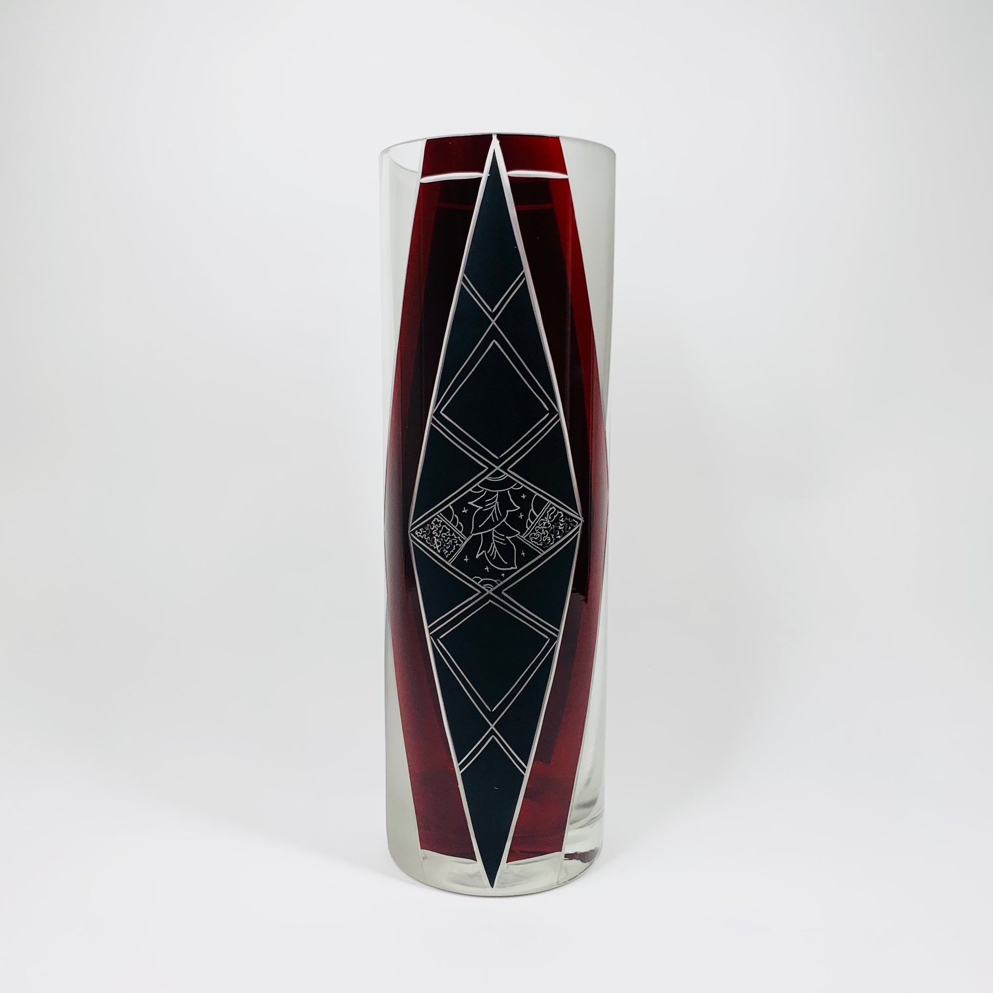 Extremely rare antique Art Deco part satin black and ruby enamel cylinder glass vase by Karl Palda