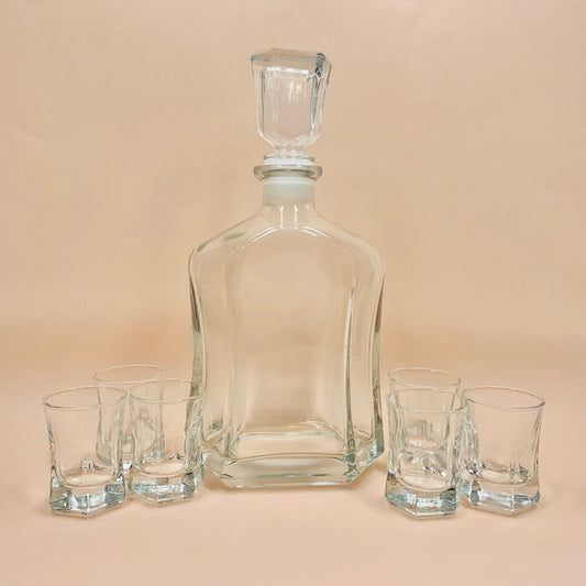 Vintage Bormioli glass decanter and matching shot glasses