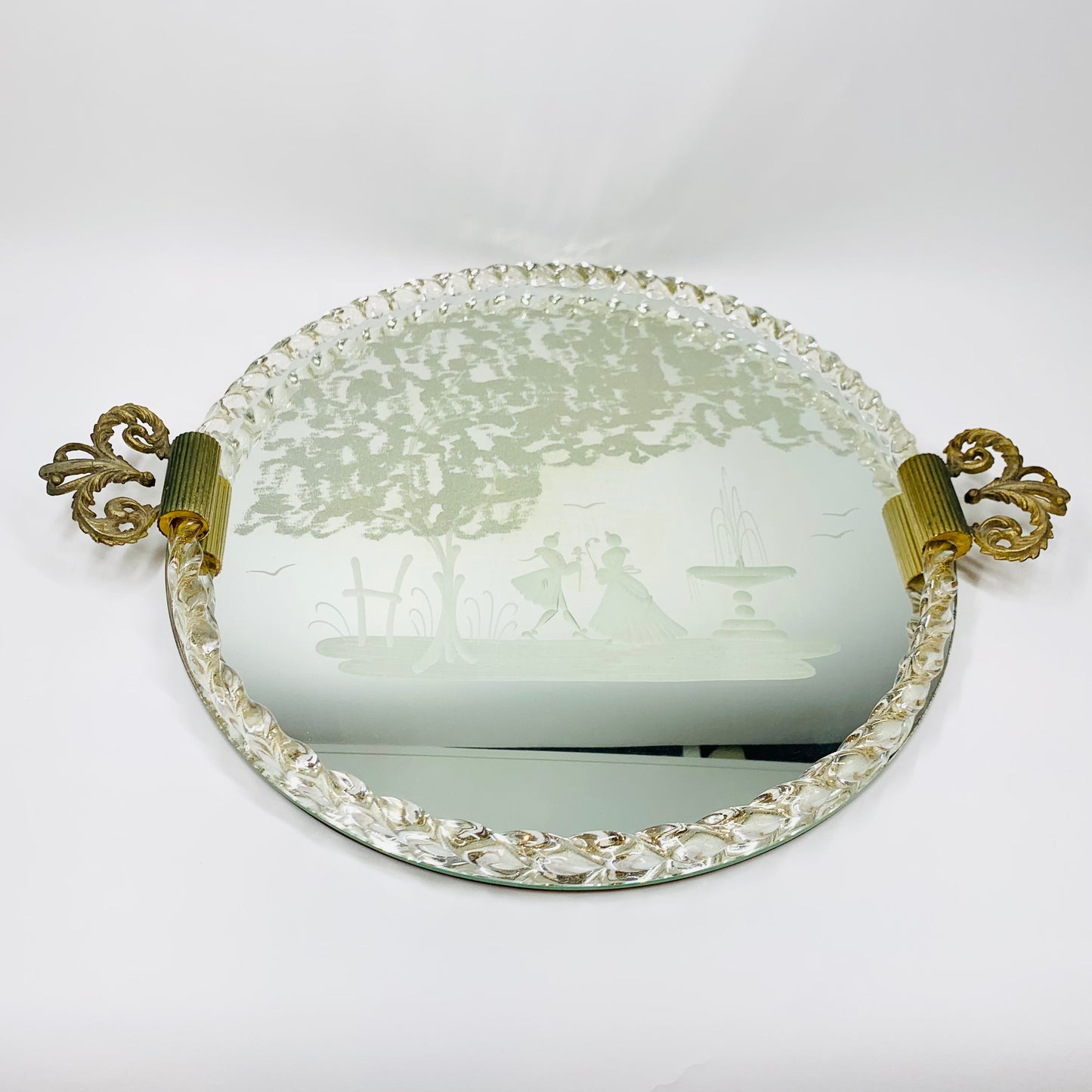 1940s hand etched mirror tray with gold aventurine rope border