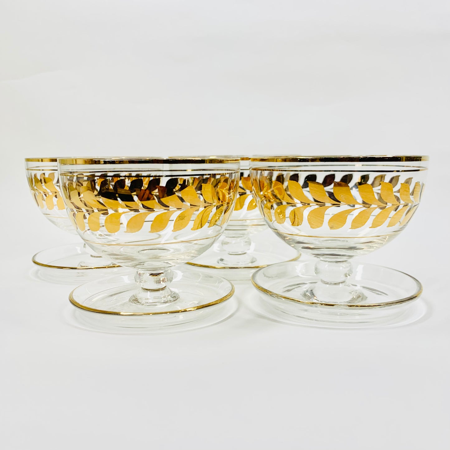 Rare Midcentury Tiffin dessert coupe with gold gilding leaves pattern