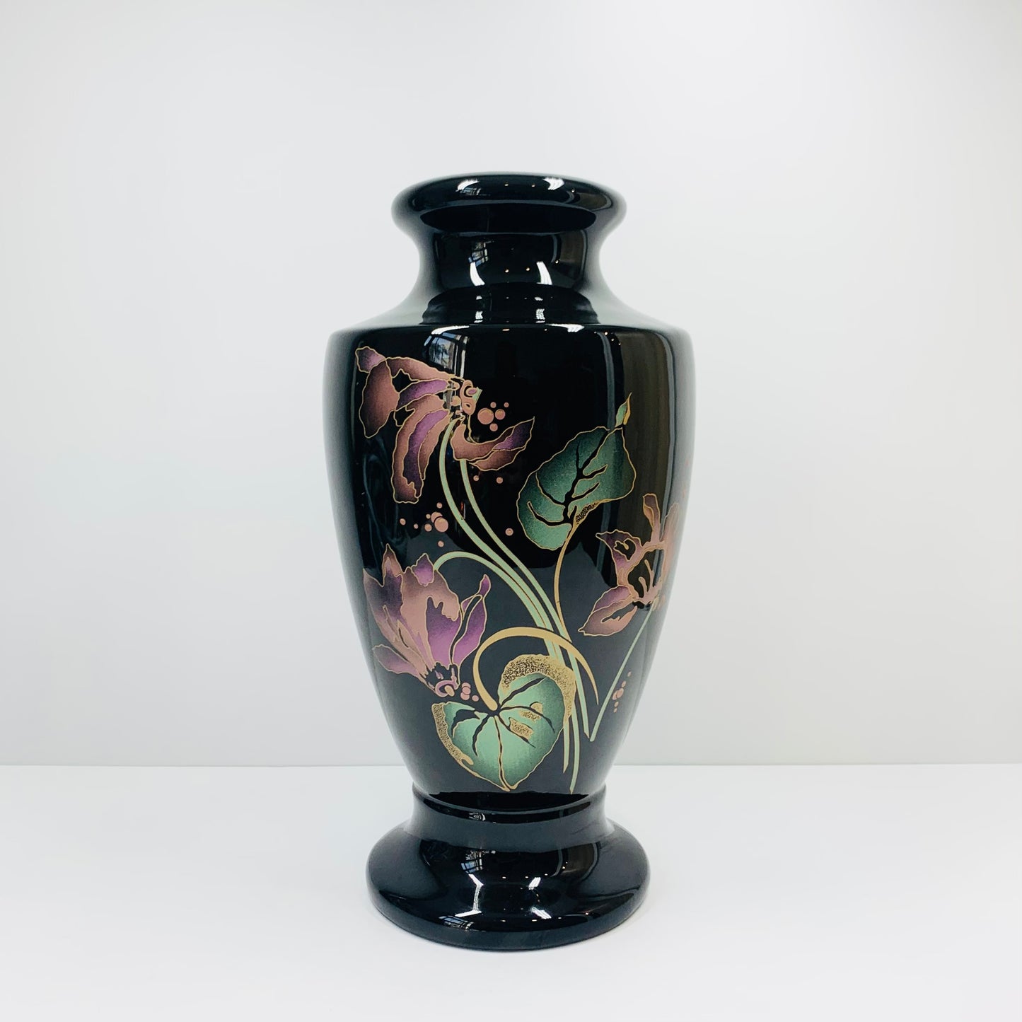 Vintage hand painted black glass vase