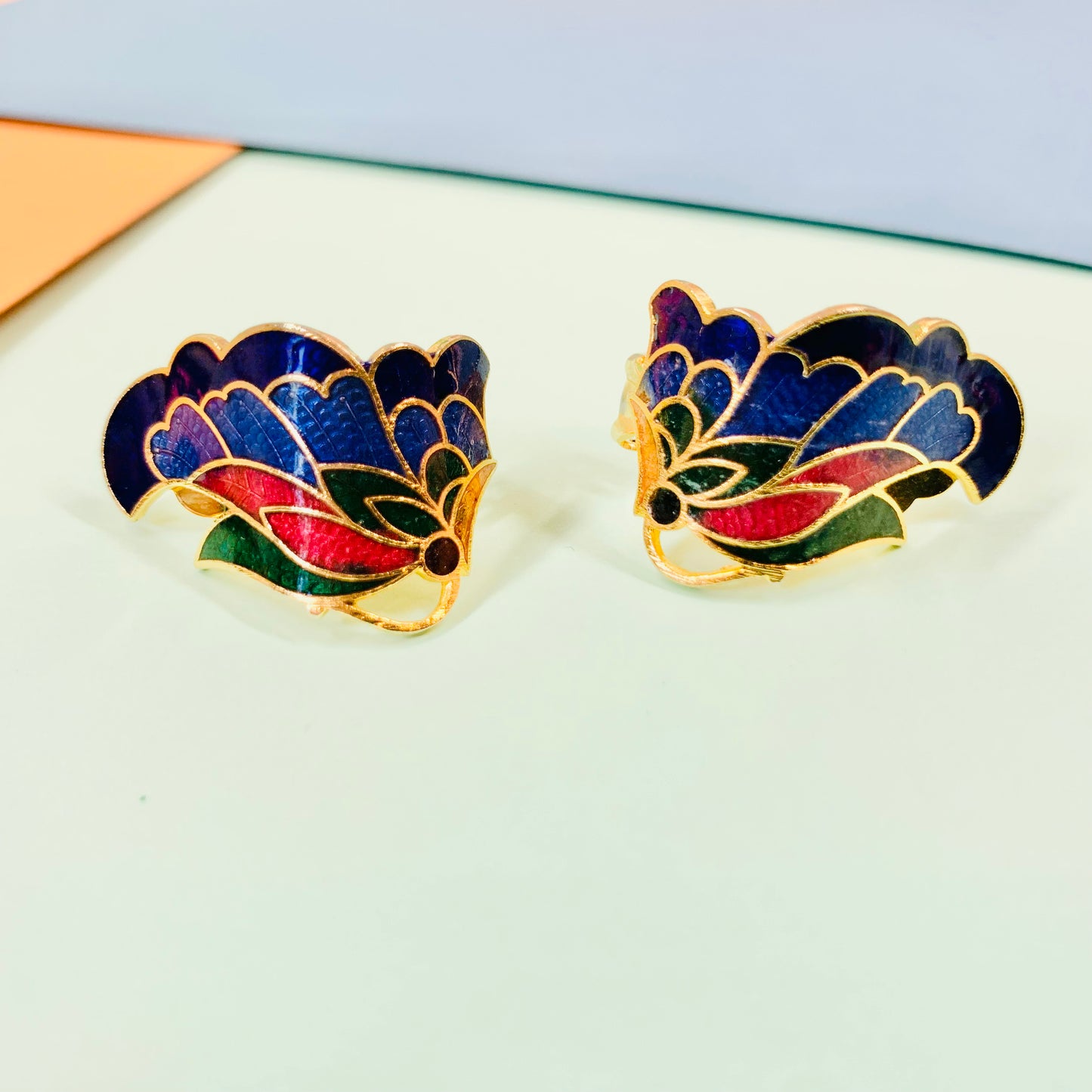 Extremely rare 1960s Italian triple gold plated butterfly cloisonne clip on earrings