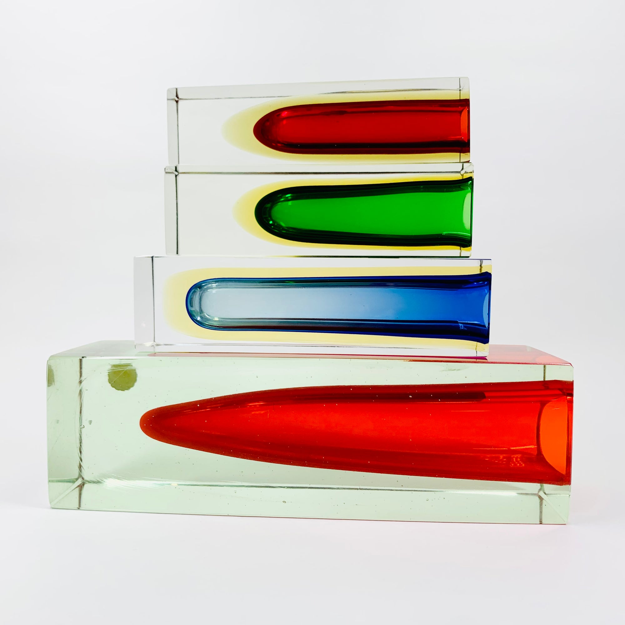 Large MCM red cased green Murano sommerso glass block vase by Mandruzatto