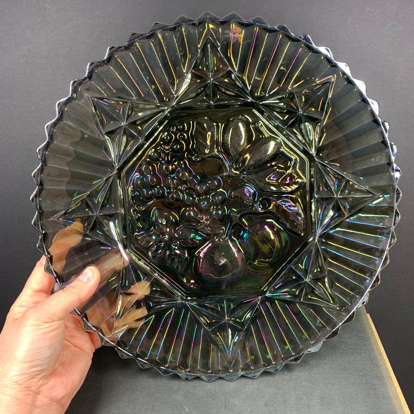 Antique black carnival glass serving platter