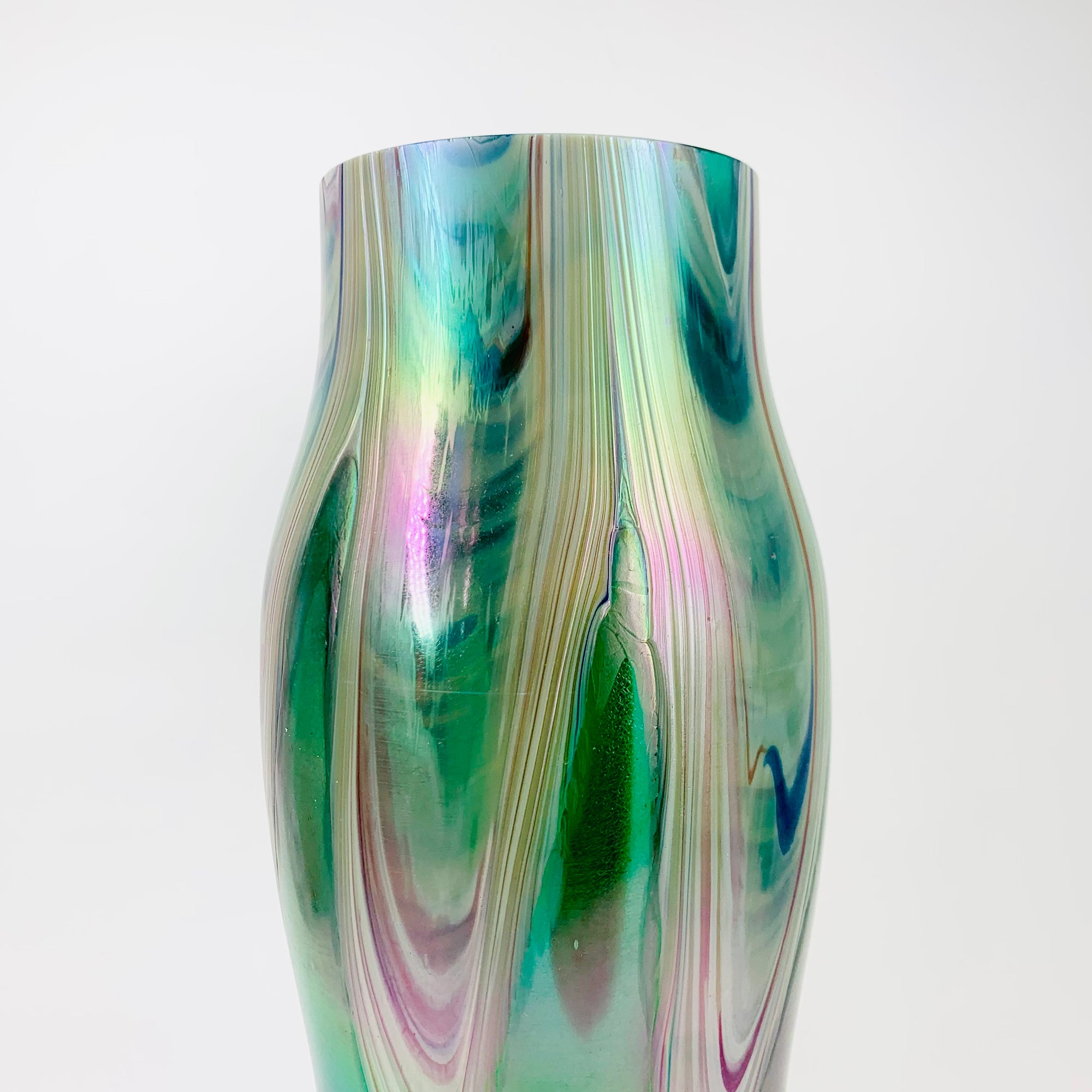 Antique Art Nouveau Kralik hand made peacock iridescent feather glass vase