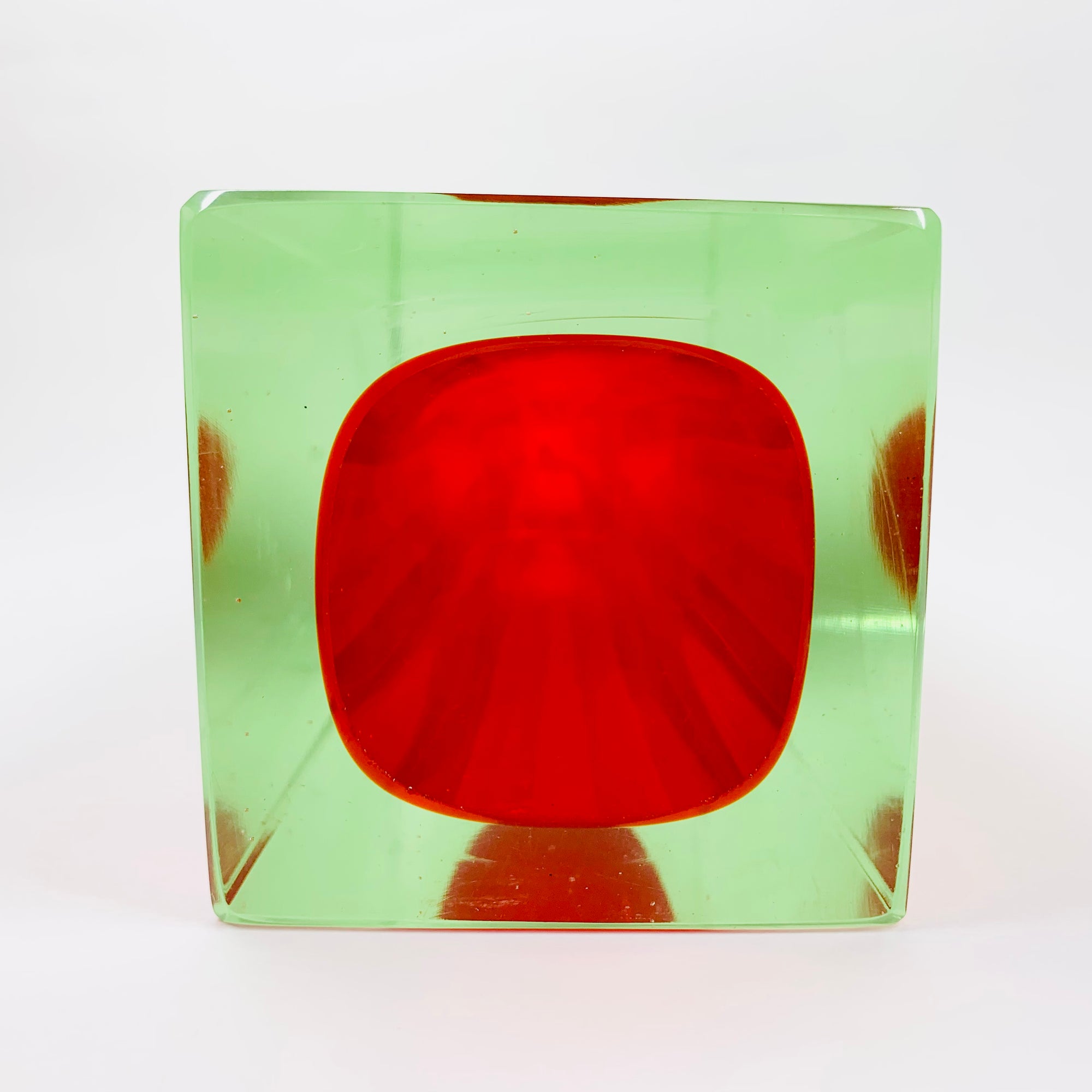 Large MCM red cased green Murano sommerso glass block vase by Mandruzatto