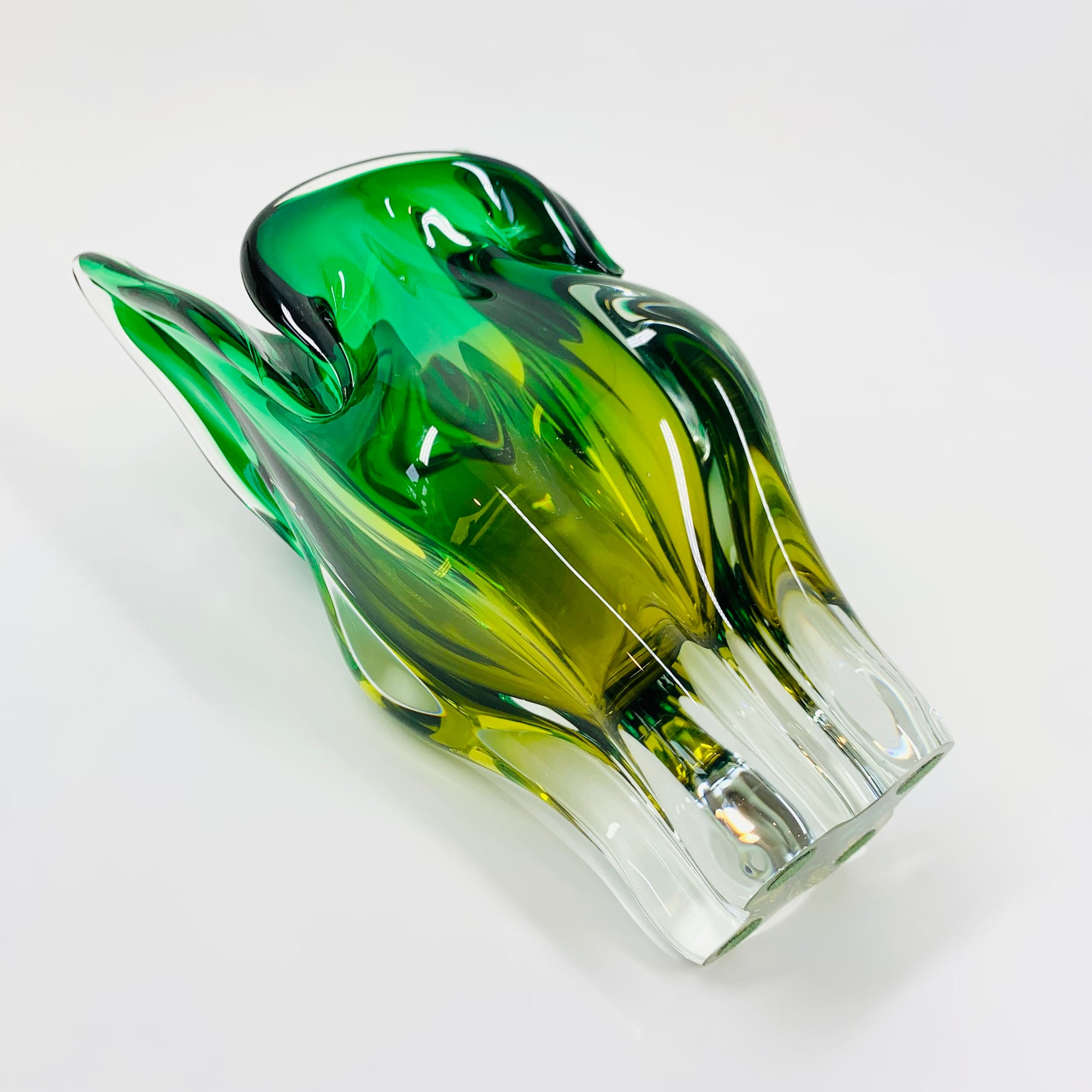 Extremely rare Midcentury Czech Chribska Glassworks green &amp; yellow sommerso glass Cat’s Head vase by Josef Hospodka