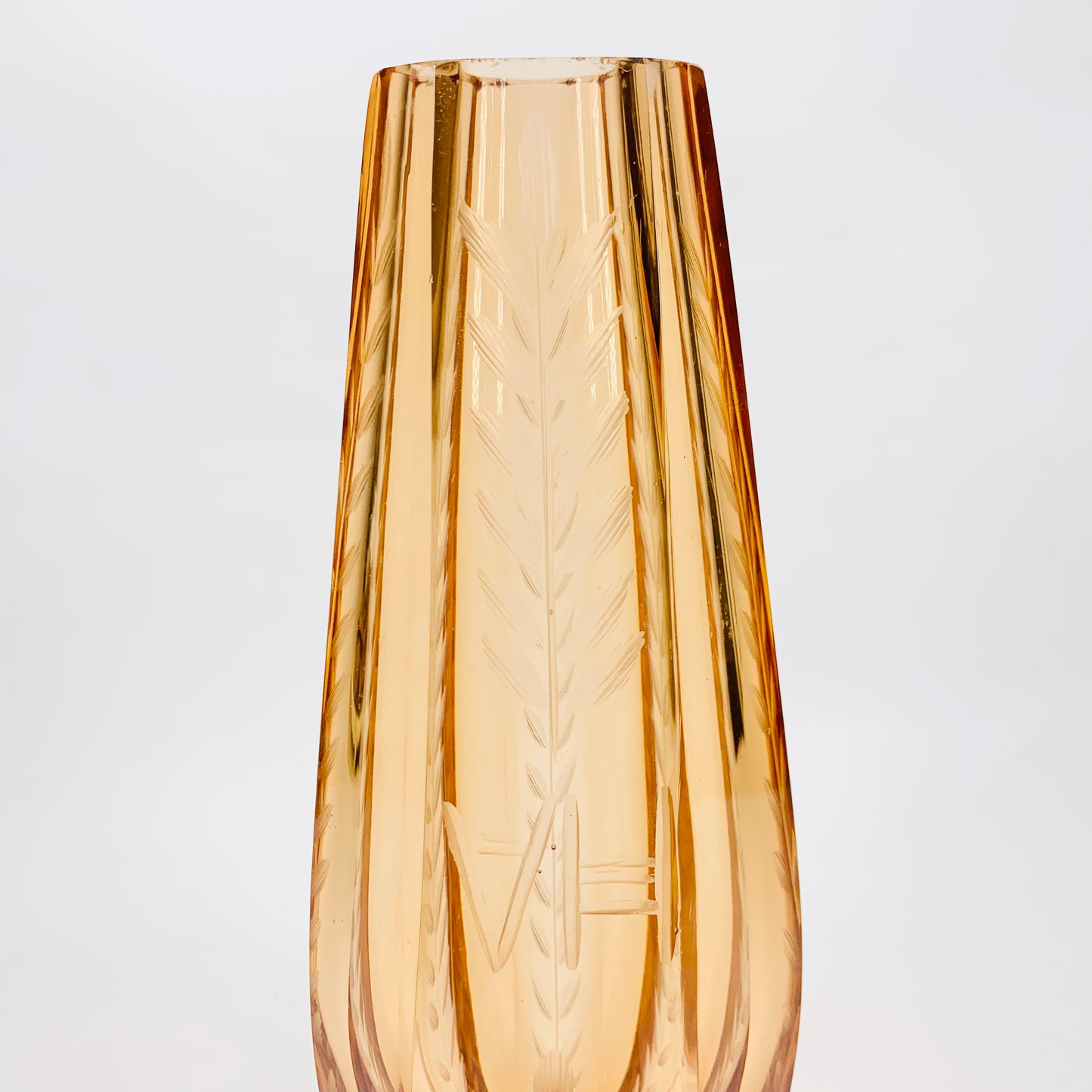 Antique hand cut and hand etched Bohemian amber crystal vase