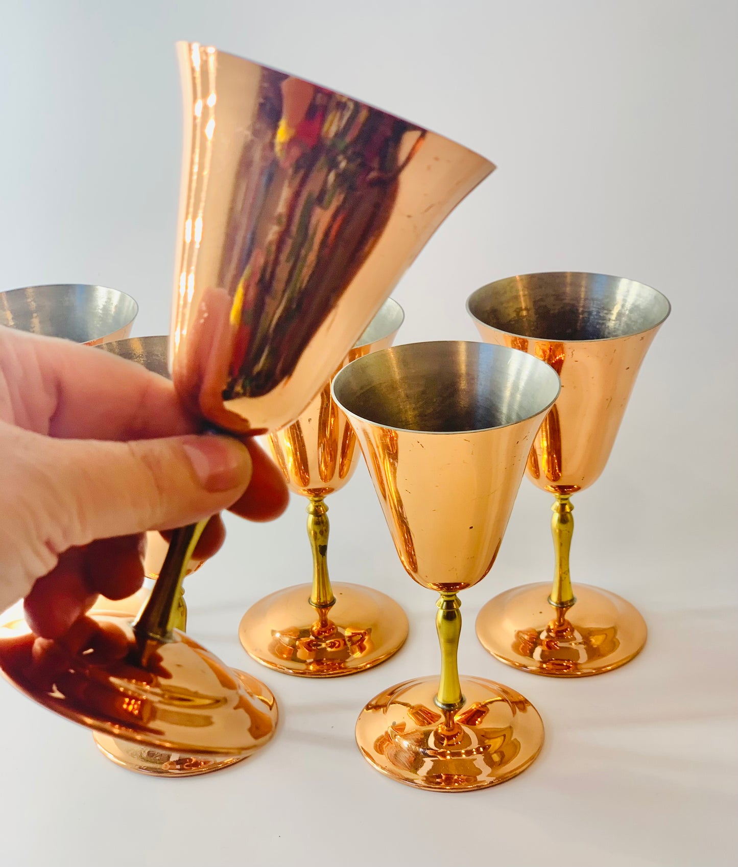 Copper plated wine/liqueur glasses with brass stems