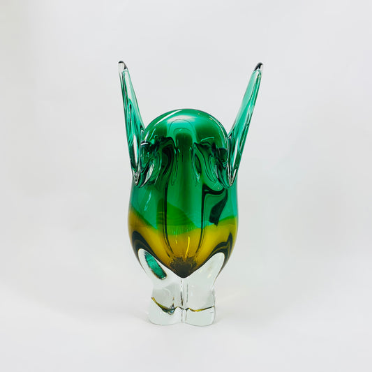 Extremely rare Midcentury Czech Chribska Glassworks emerald green & amber sommerso glass Cat’s Head vase by Josef Hospodka