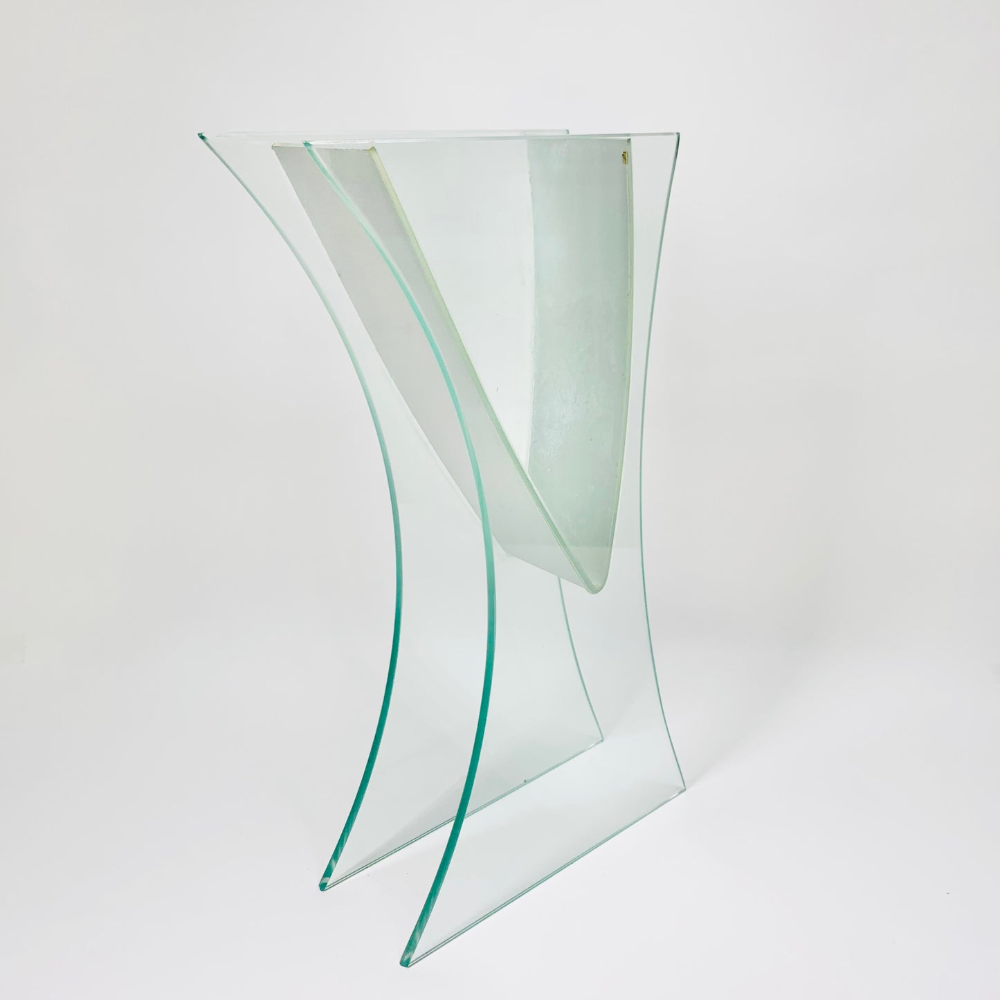 1980s vintage V metal frame glass sheet vase