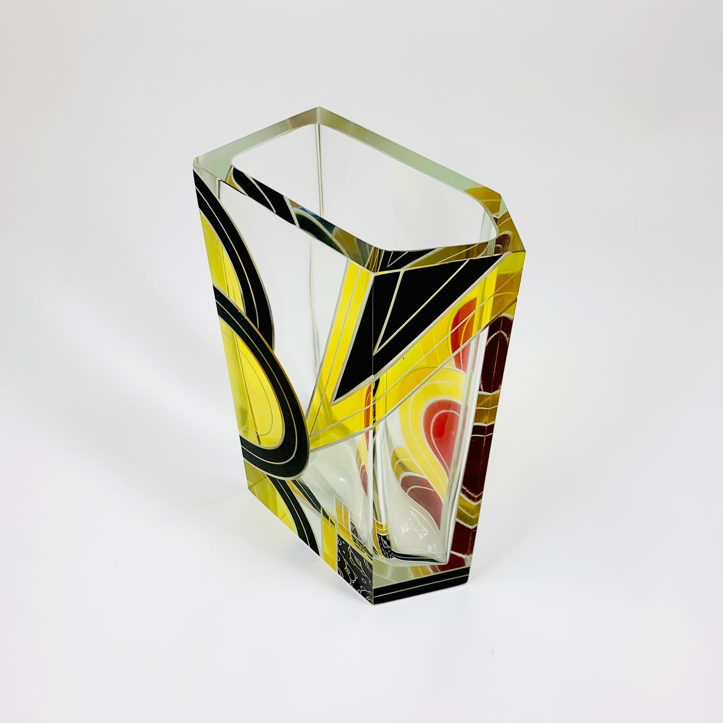 Extremely rare antique Art Deco black, red and yellow enamel glass vase by Karl Palda