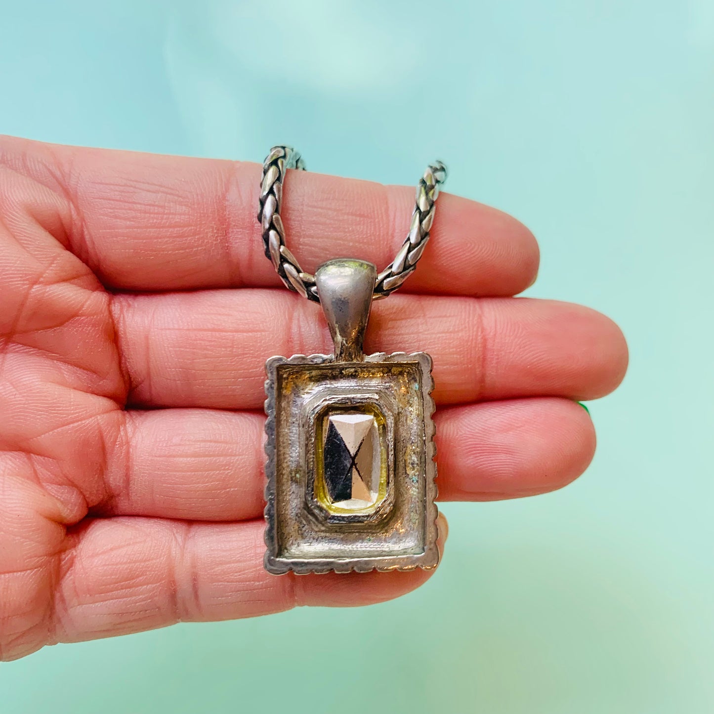 Vintage silver plated necklace with rectangular amber glass paste pendant