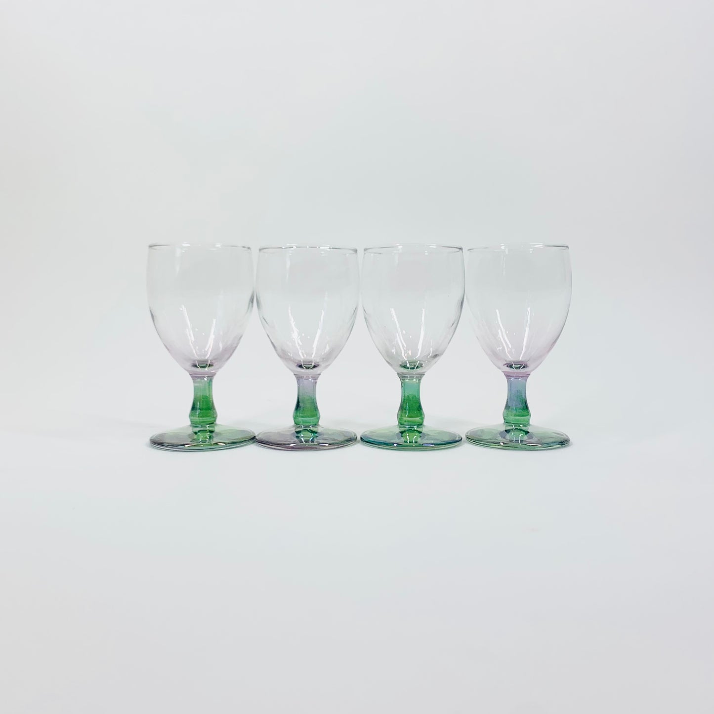 Extremely rare Midcentury American iridescent harlequin pressed glass decanter and matching glasses set