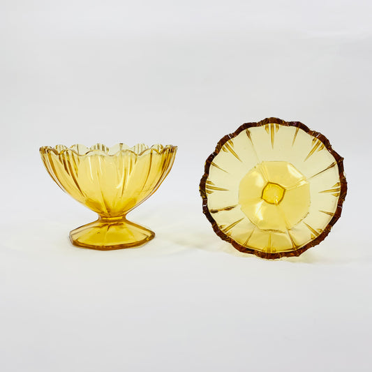 Rare antique Art Deco amber pressed glass flower coupe/dessert bowls