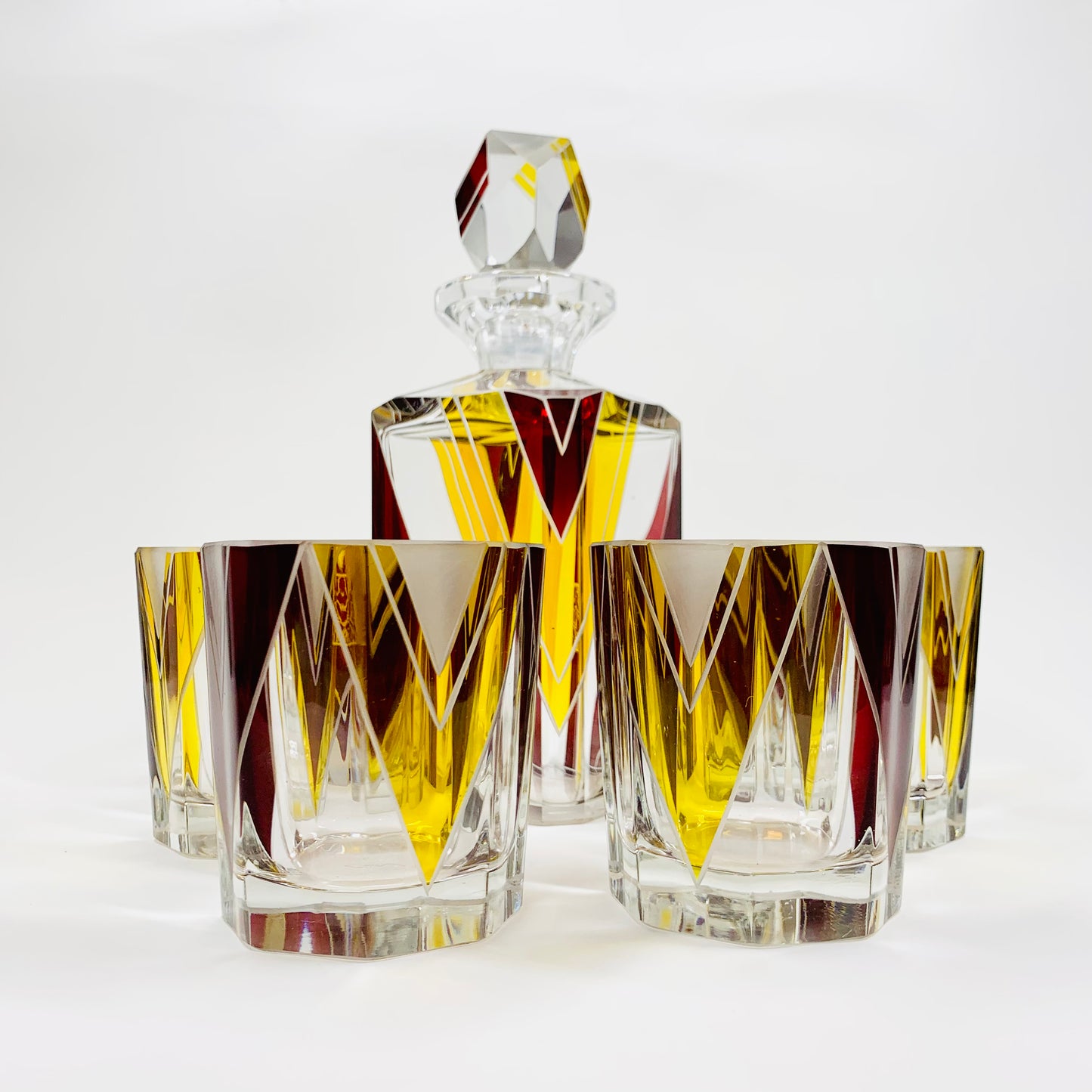 Extremely extremely rare antique Art Deco ruby & gold enamel glass decanter set by Karl Palda