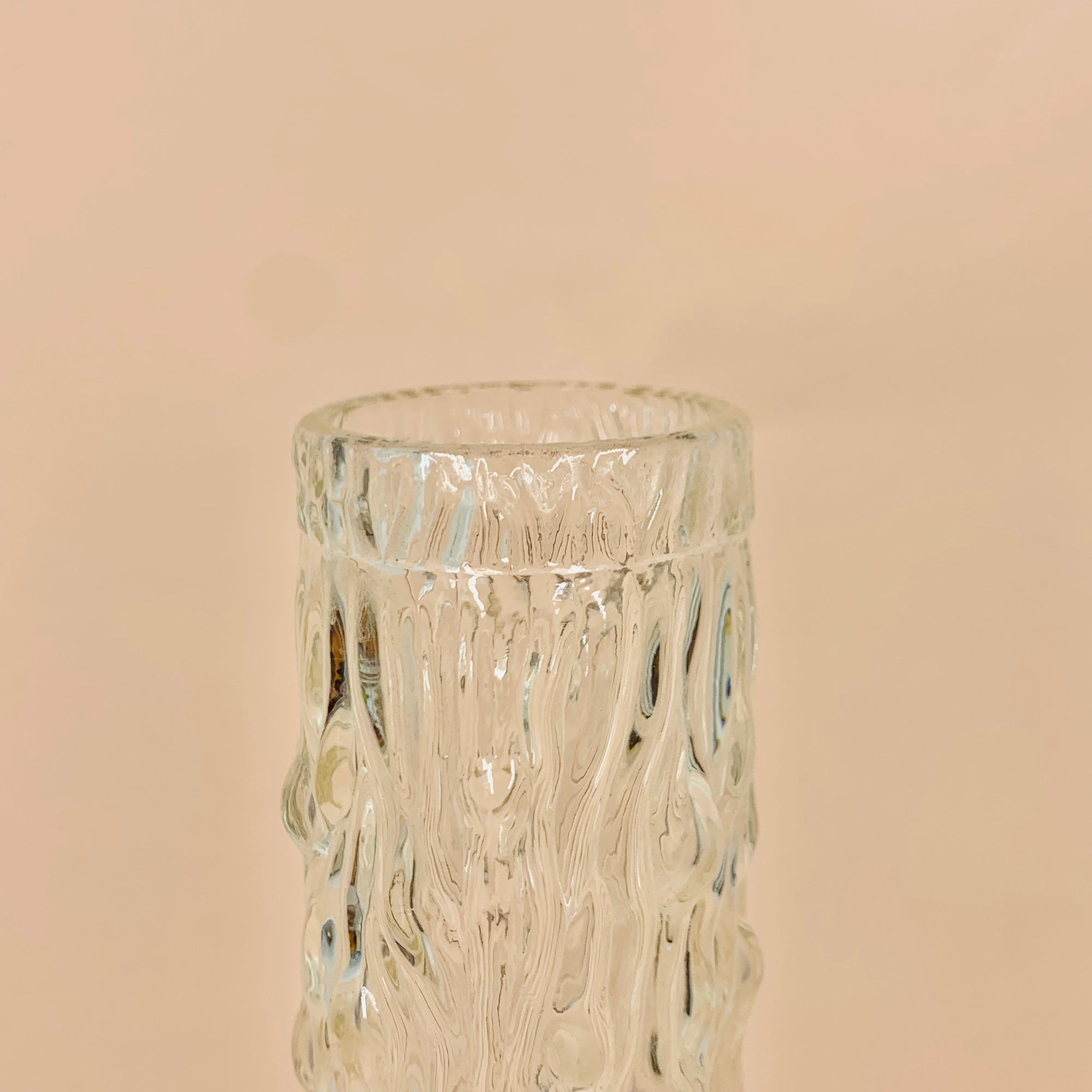 Tall vintage Ravenhead bark glass tube vase