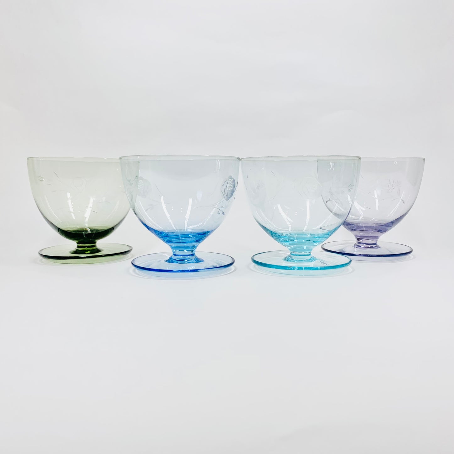 Rare Midcentury hand etched harlequin coupe/dessert glasses