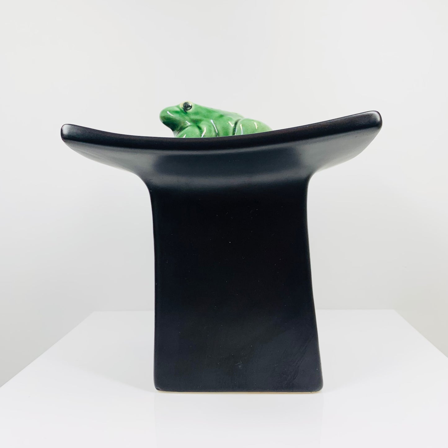 Vintage black porcelain with green frog ikebana vessel