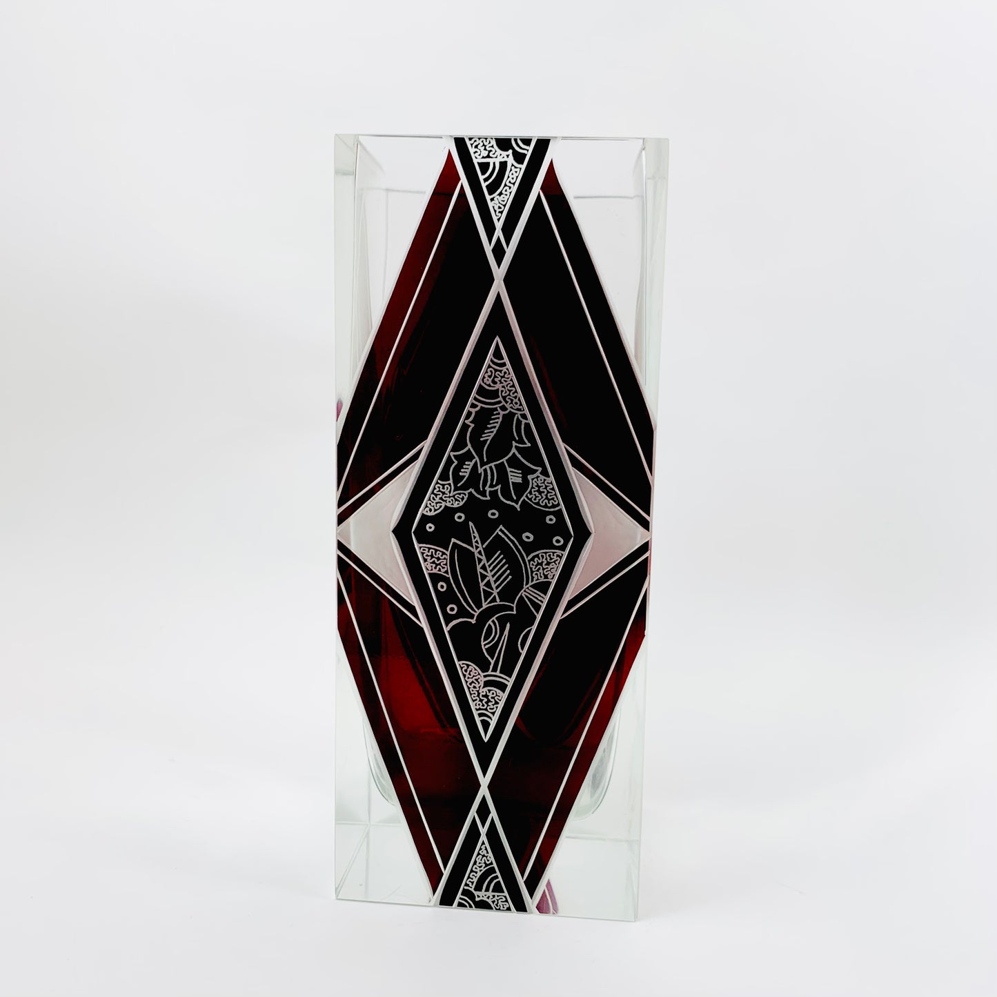 Extremely rare antique Art Deco black and ruby enamel rectangular glass vase by Karl Palda
