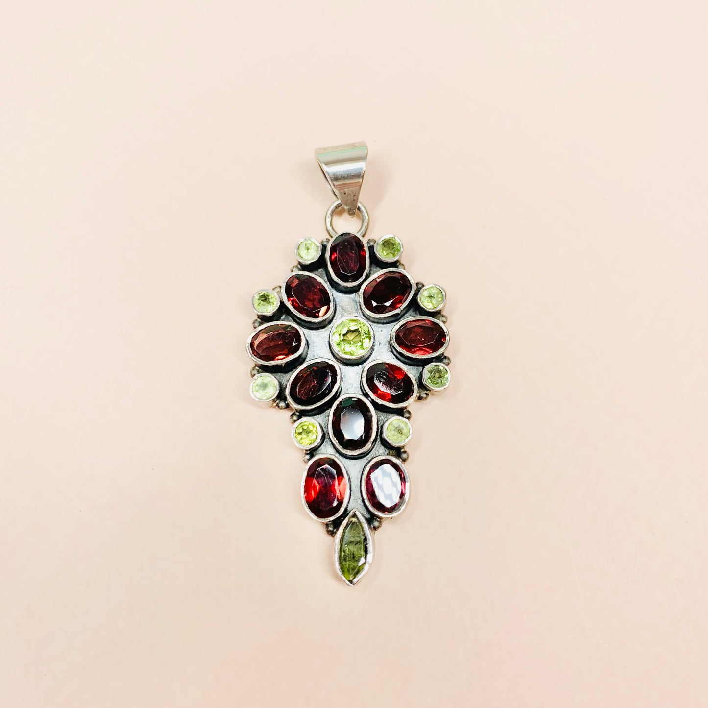 Vintage silver drop pendant with garnet and peridot