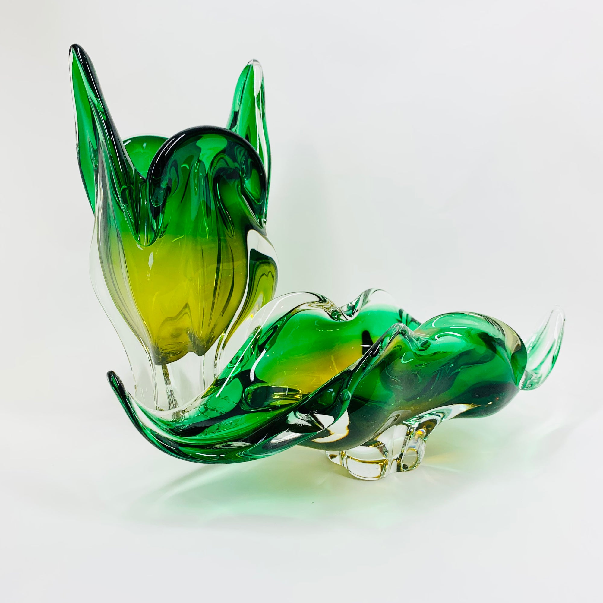 Extremely rare Midcentury Czech Chribska Glassworks green &amp; yellow sommerso glass Cat’s Head vase by Josef Hospodka