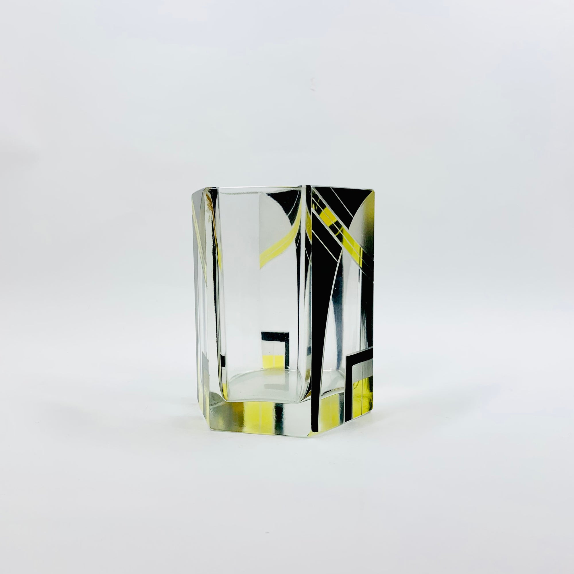 Antique Art Deco black and citrine hexagons glass posy vase by Karl Palda