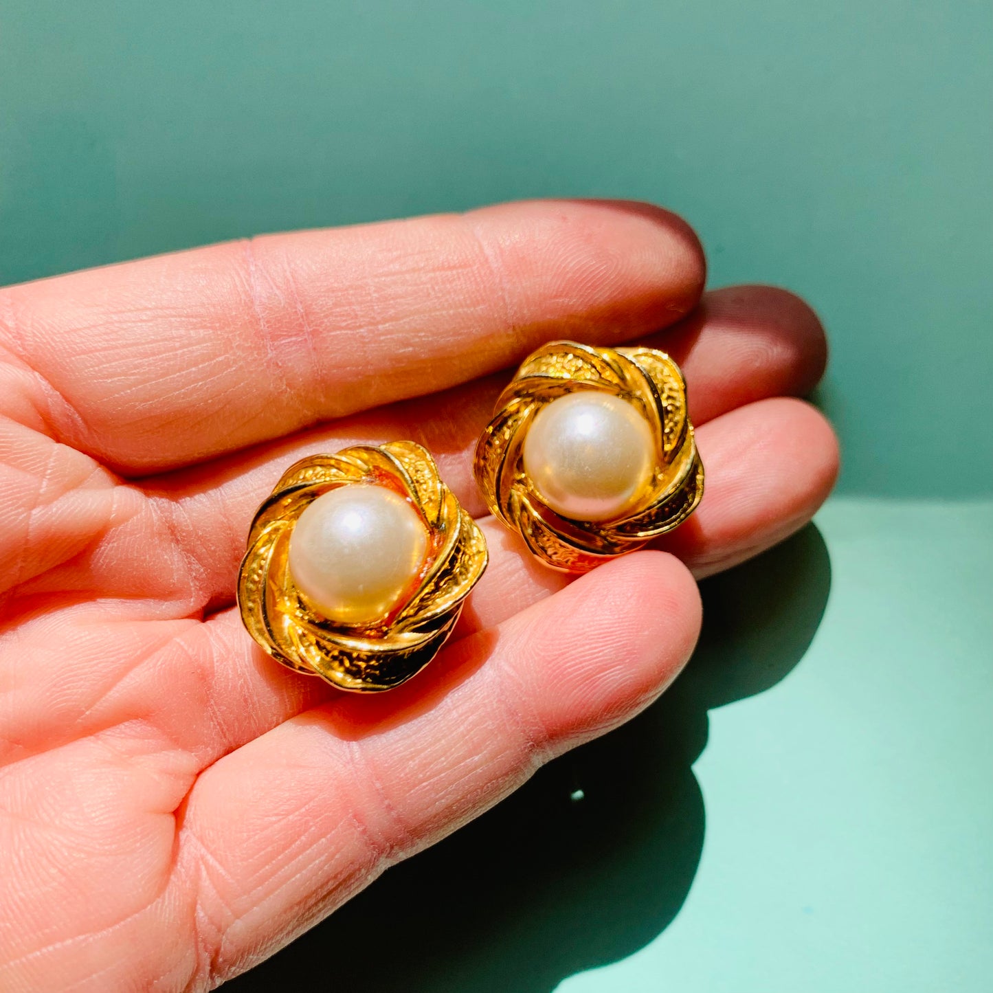 Vintage gold plated clip on pearl knot button earrings