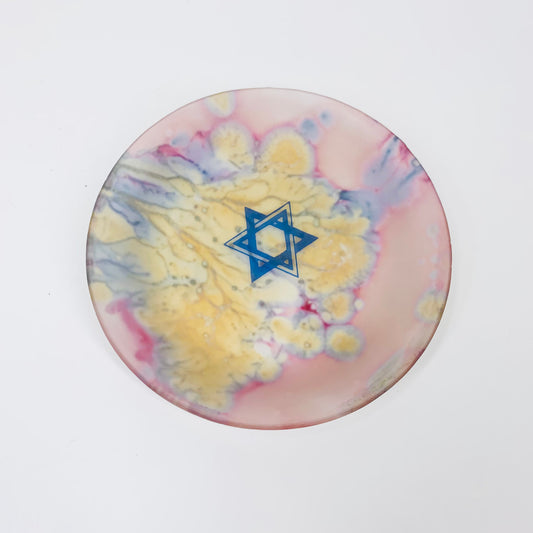 Rare vintage hand painted Israeli pink purple satin glass trinket dish