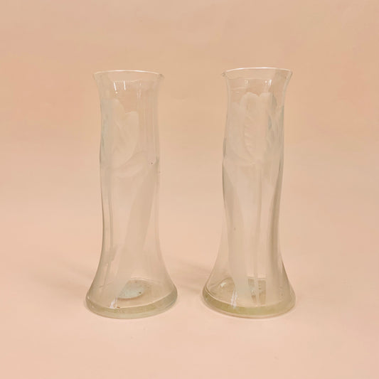 Antique hand etched set of 2 mini glass vases