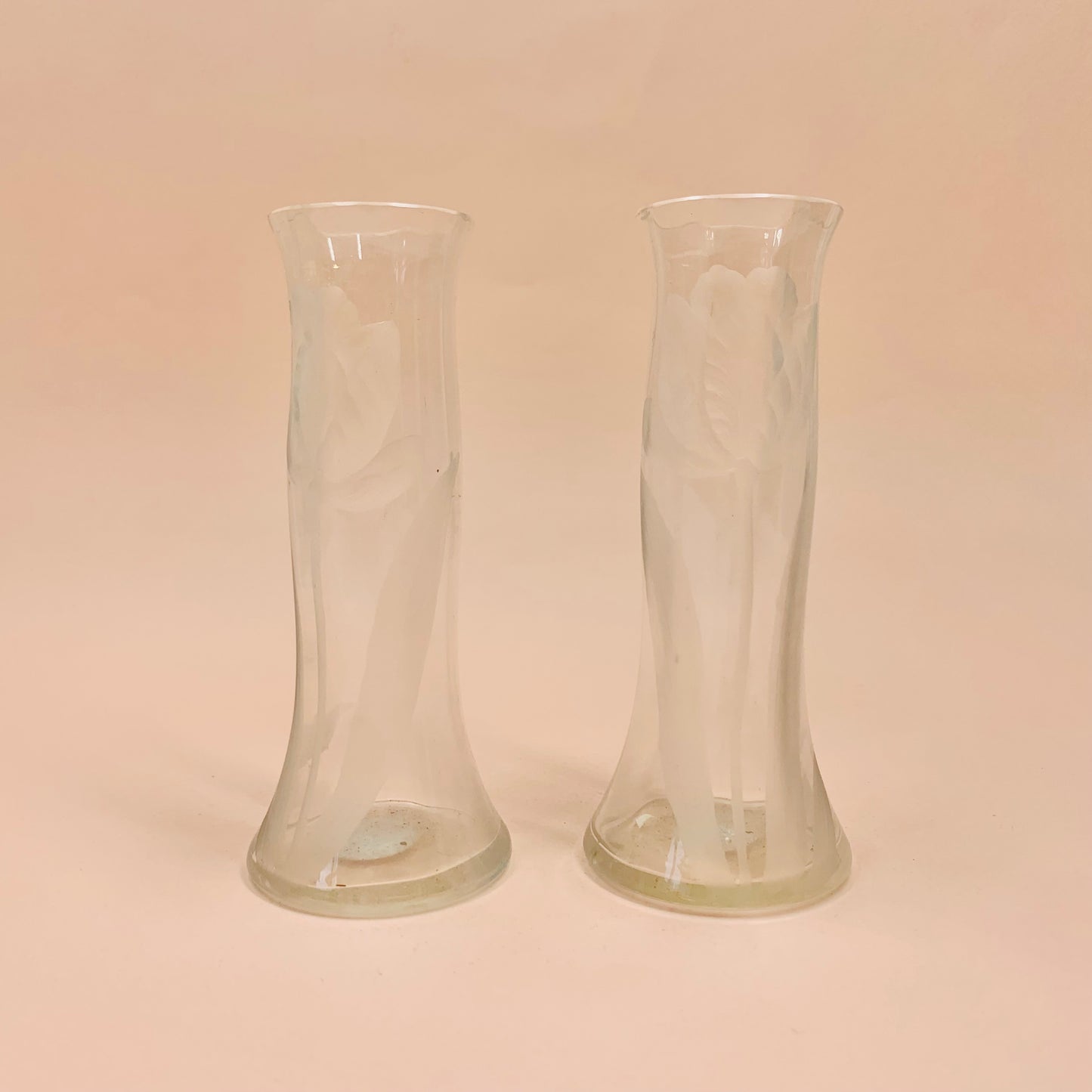 Antique hand etched set of 2 mini glass vases