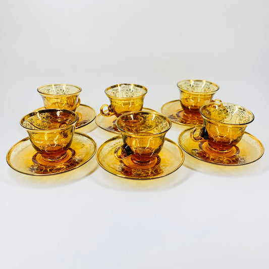 Antique Bohemian amber glass tea set with gold gilding