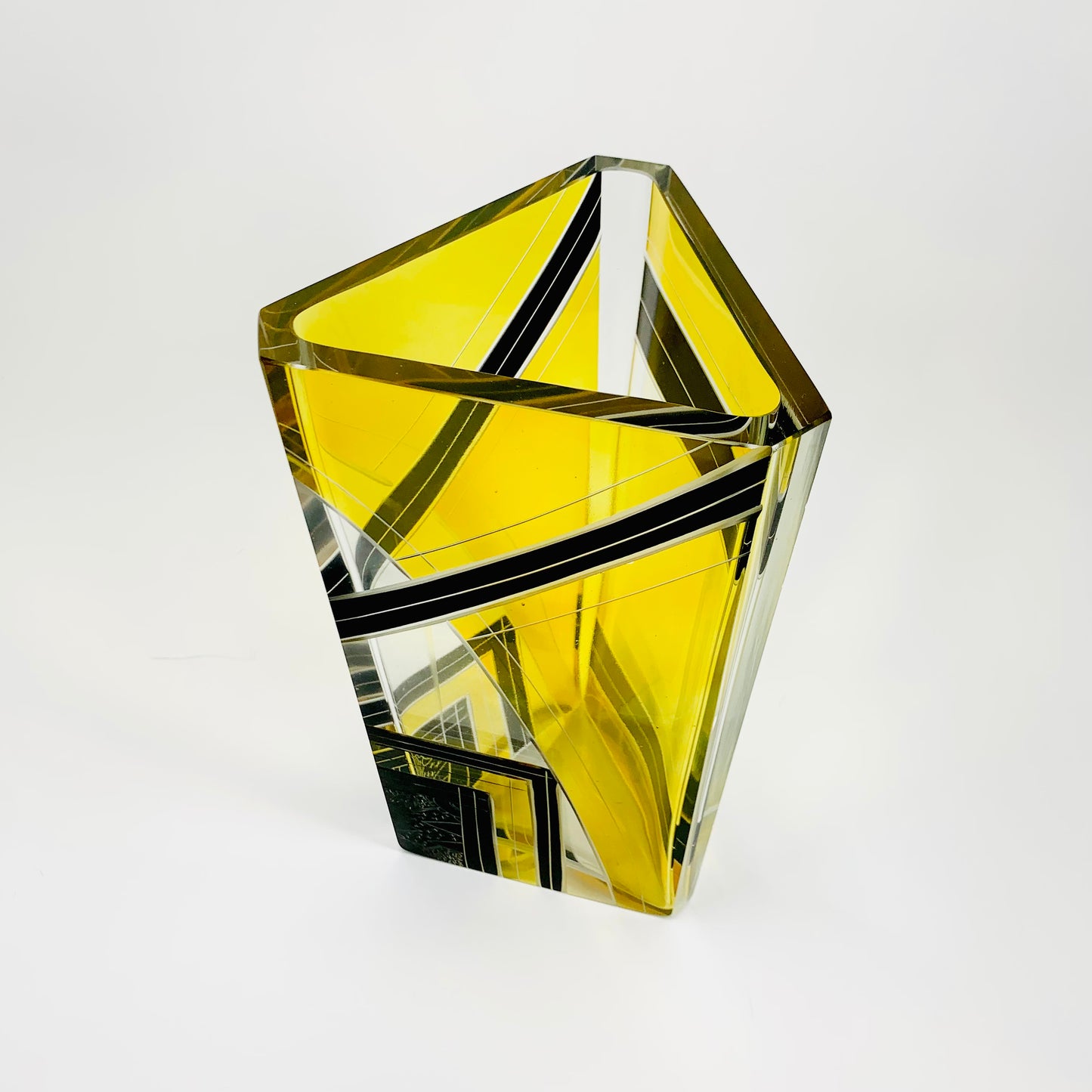 Antique Art Deco gold and black enamel triangular glass vase by Karl Palda