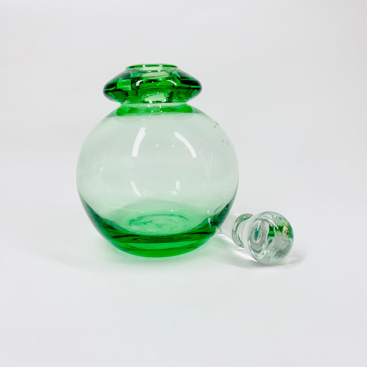 MCM green glass round perfume bottle with clear stopper