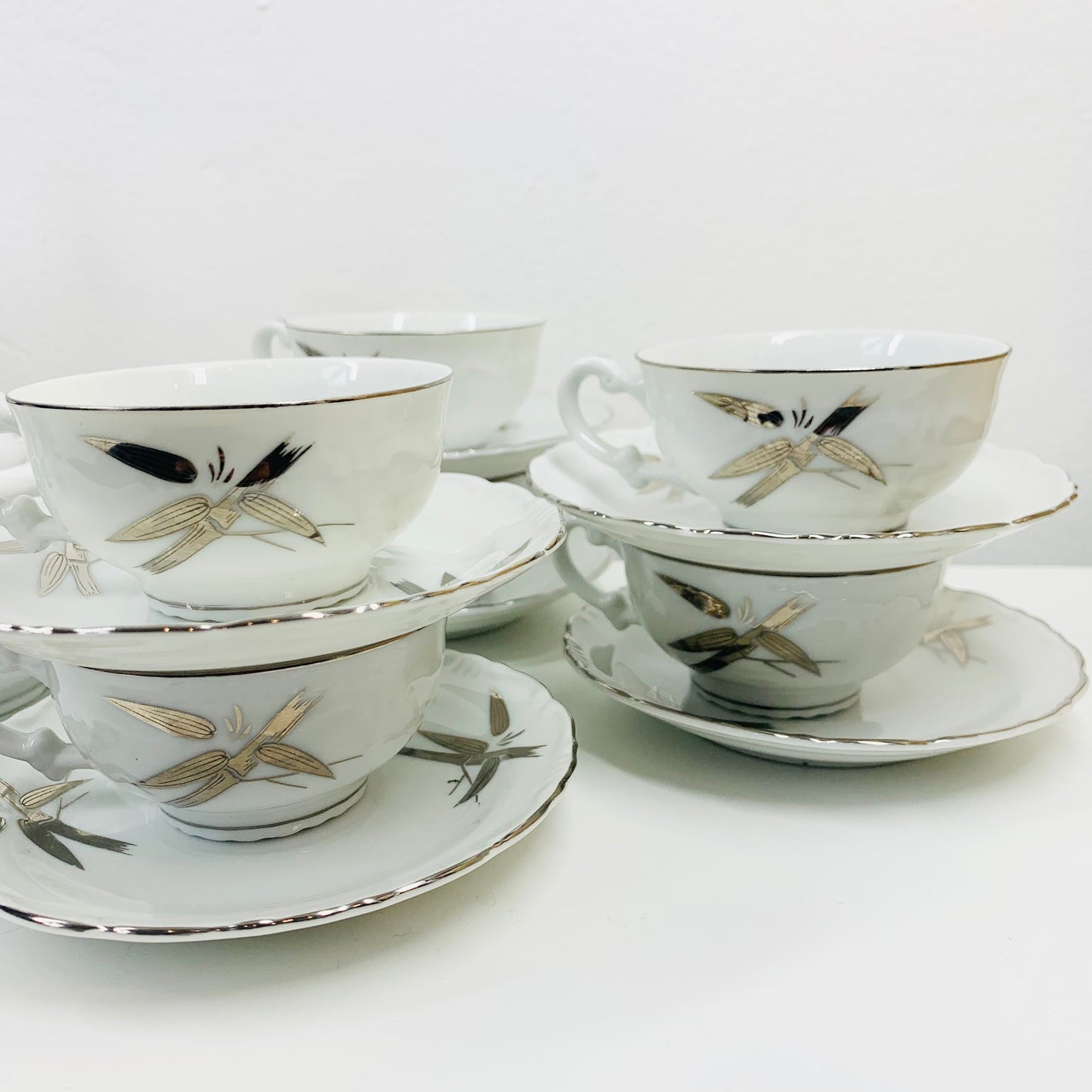 Vintage Japanese Seyei Fine China tea set in the platinum bamboo pattern