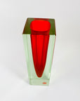 Large MCM red cased green Murano sommerso glass block vase by Mandruzatto