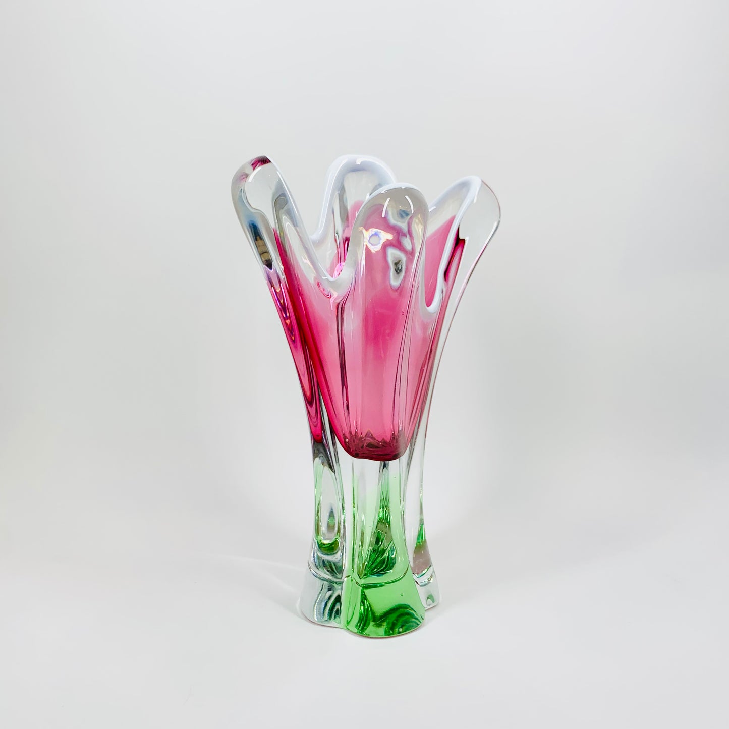 Rare Midcentury Czech Skrdlovice swung pink blue white sommerso glass vase