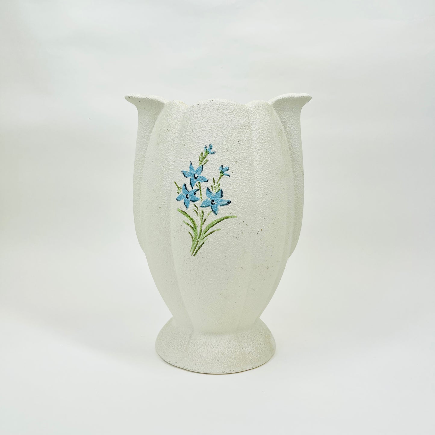 Retro Australian Raynham white pottery vase with hand painted blue flowers