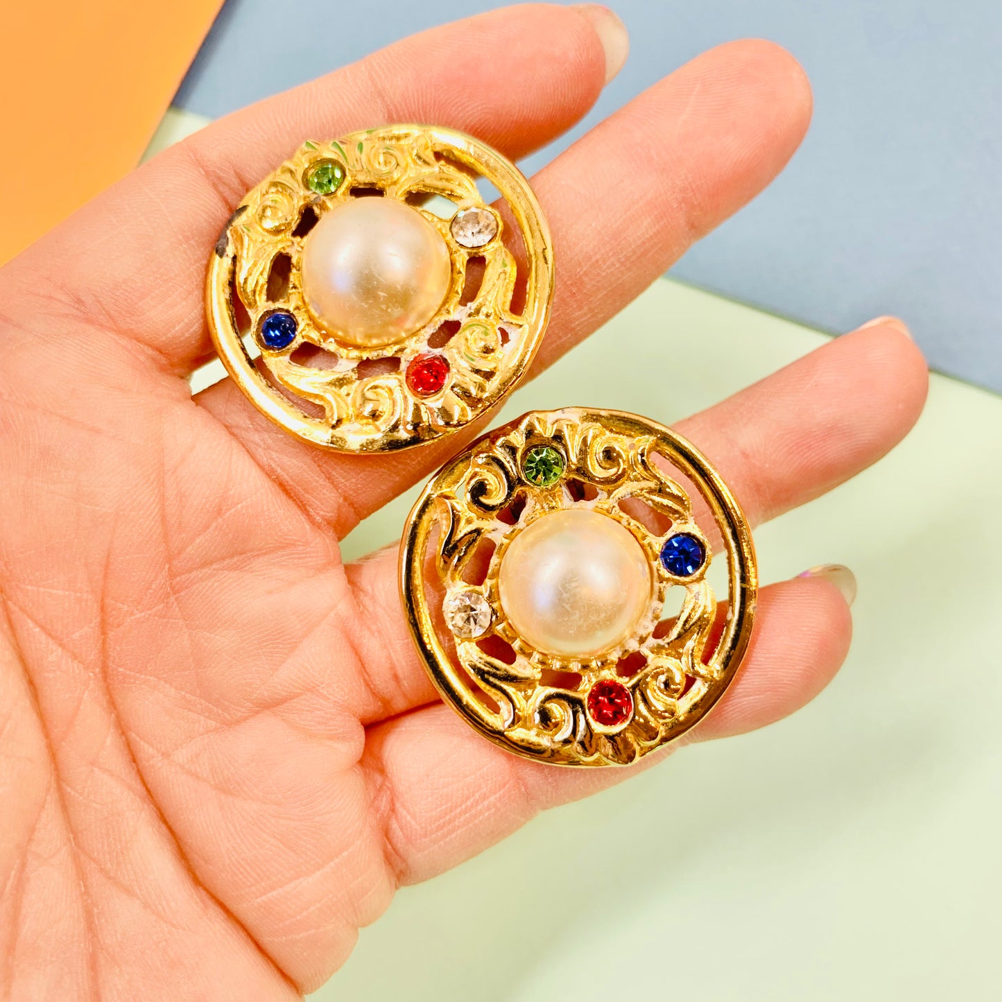 Stunning 1980s gold plated clip on pearl & colour rhinestones circular button earrings