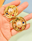 Stunning 1980s gold plated clip on pearl & colour rhinestones circular button earrings
