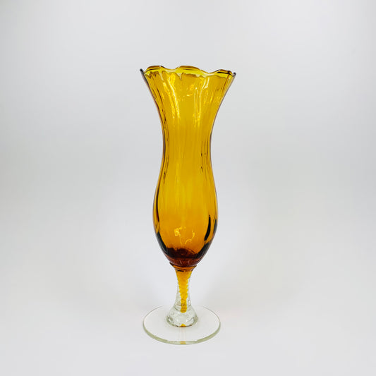 Rare hand made Midcentury Italian amber glass vase with clear twisted stem