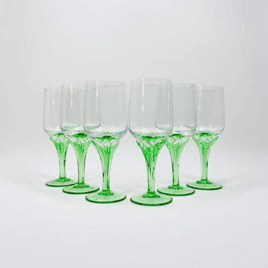 Midcentury twist green stem liqueur glasses