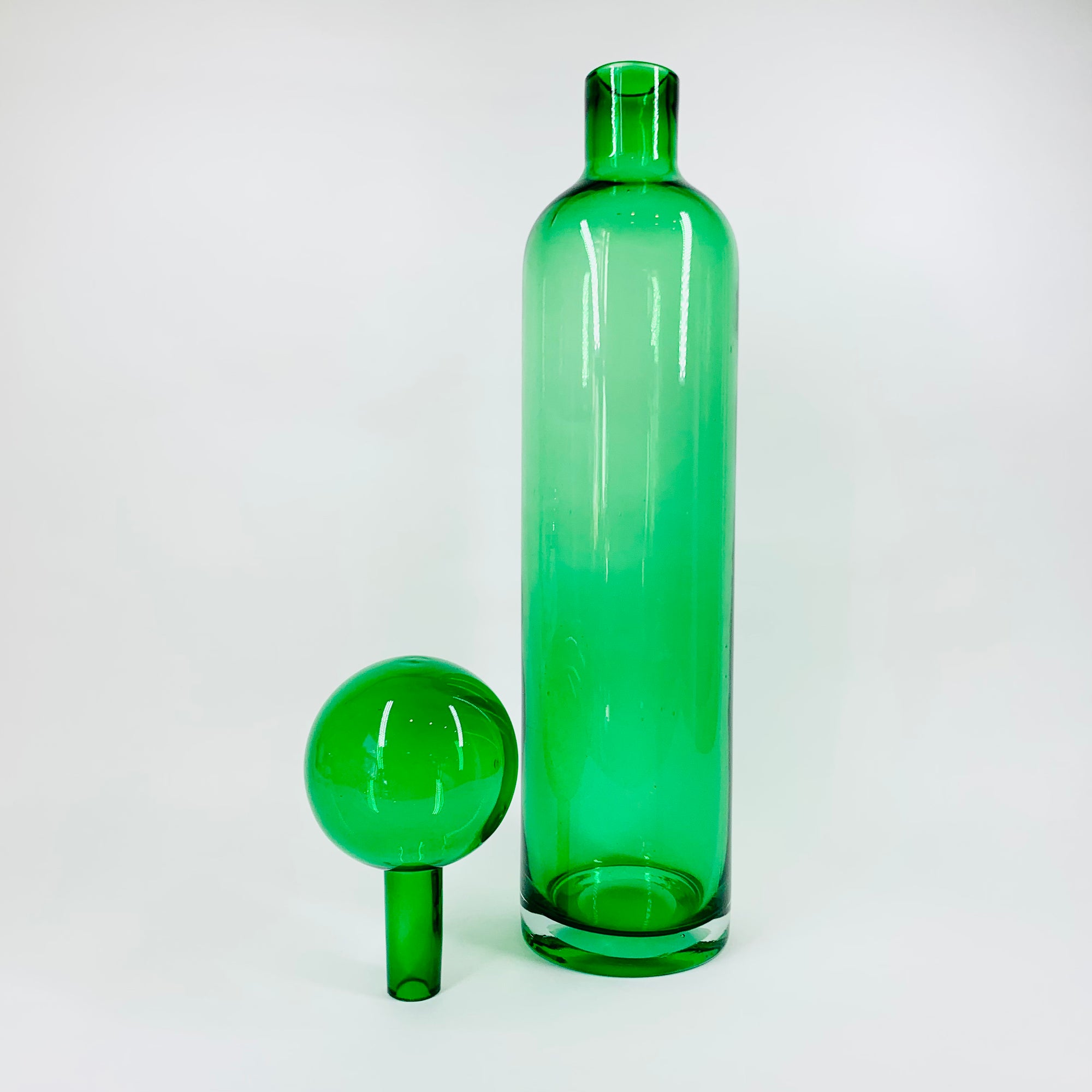 Rare mouth blown vintage Pols Potten green glass decanter bottle with matching stopper