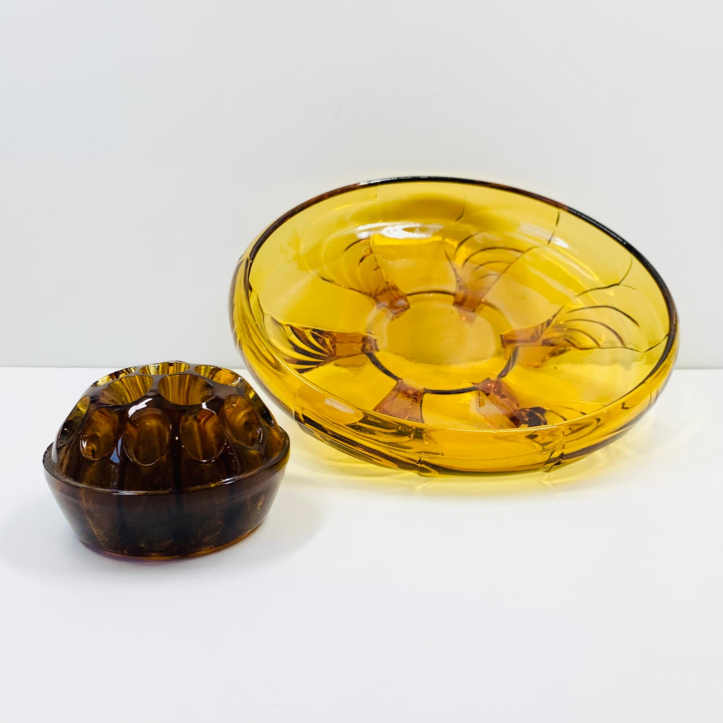 Antique Art Deco amber glass float bowl with matching flower frog