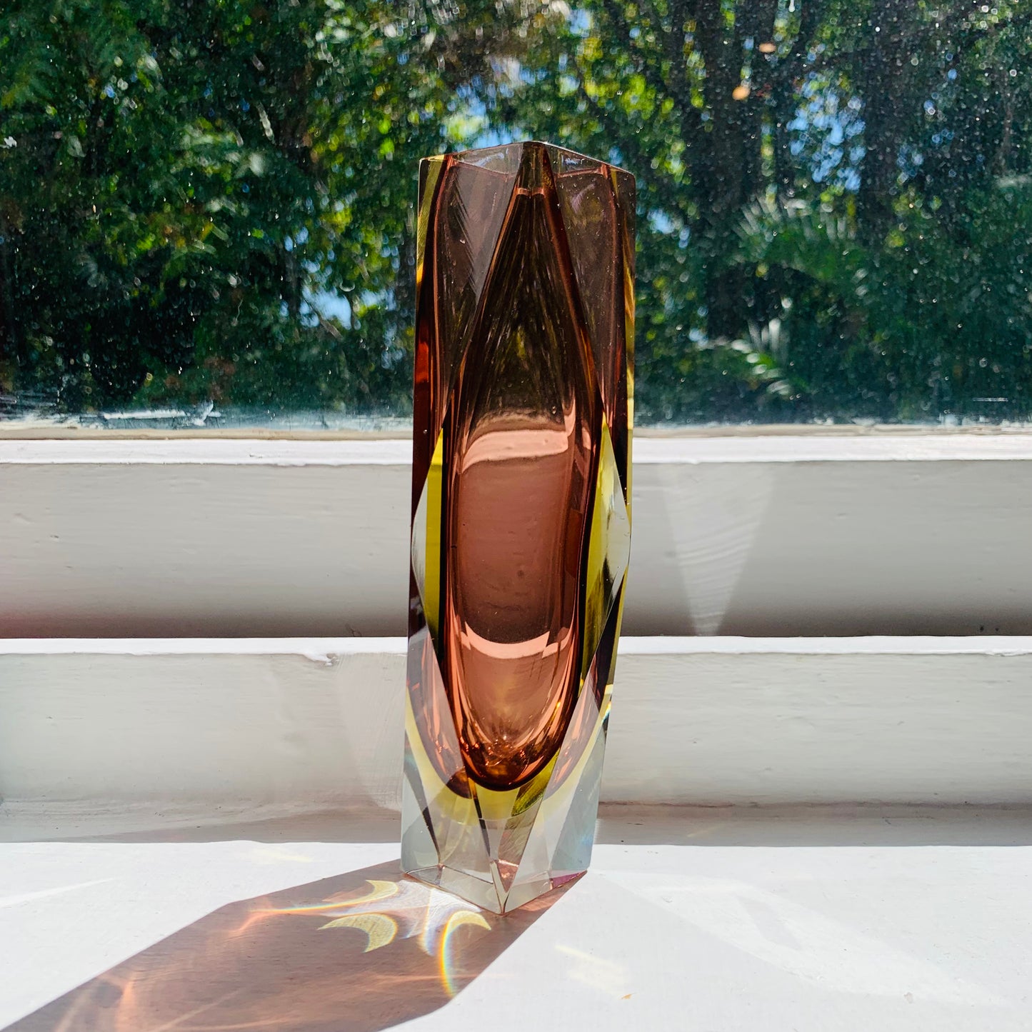 MCM brown & yellow Murano faceted sommerso glass vase by Mandruzatto