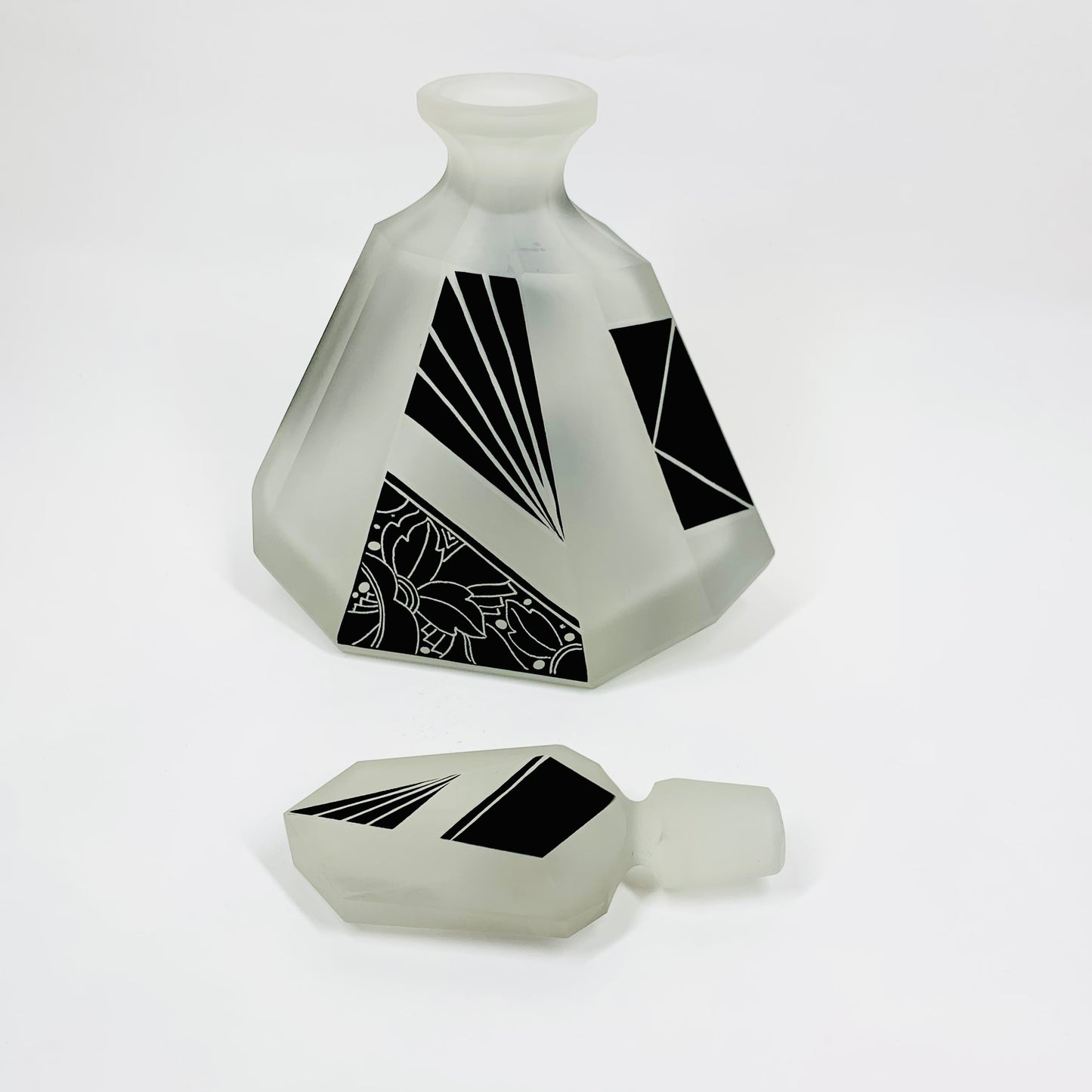 Extremely extremely rare antique Art Deco black enamel decanter satin glass set by Karl Palda